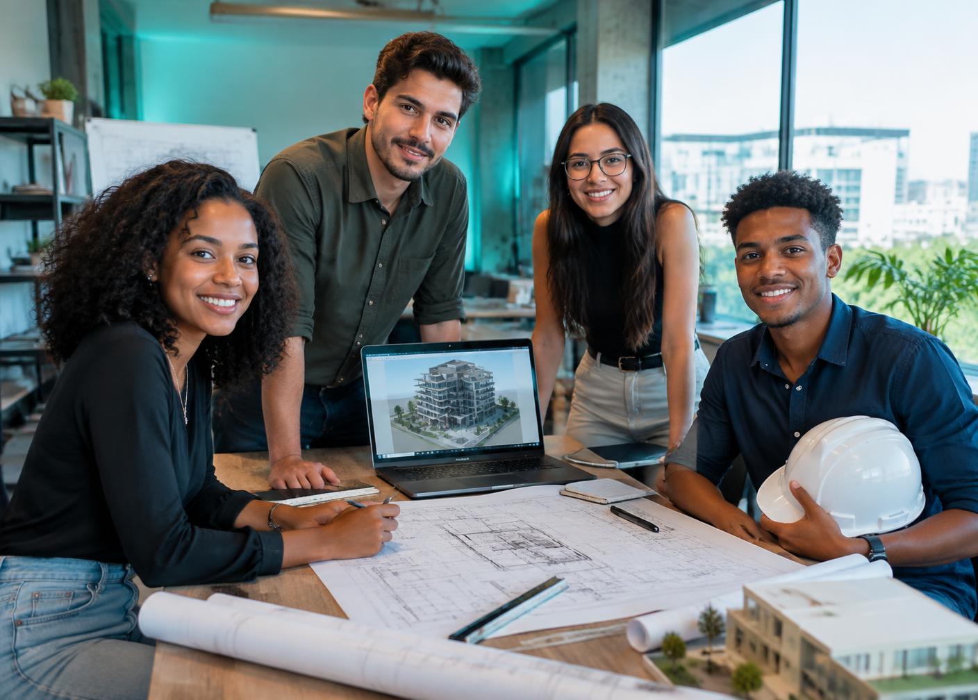 Grupo diverso de estudantes colaborando em um projeto arquitetônico
